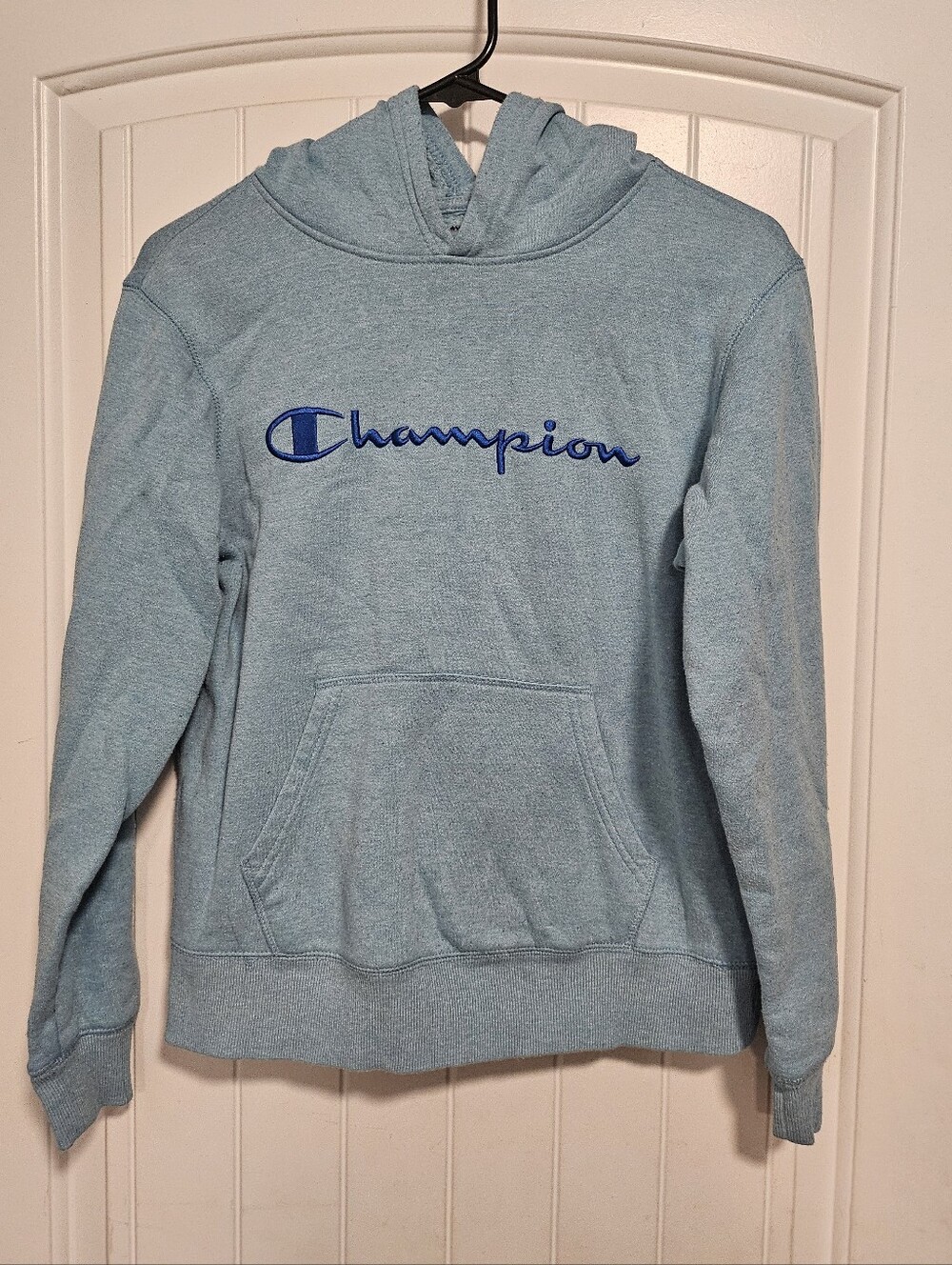 Champion Light Blue Pullover Hoodie with Blue Script Logo